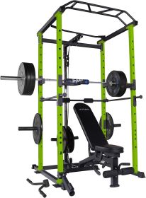 Multi-functional Power Cage with Adjustable Pullup Squat Rack- 210Lbs Olympic Rubber Plates Multi-functional Power Cage with Adjustable Pullup Squat Rack- 210Lbs Olympic Rubber Plates